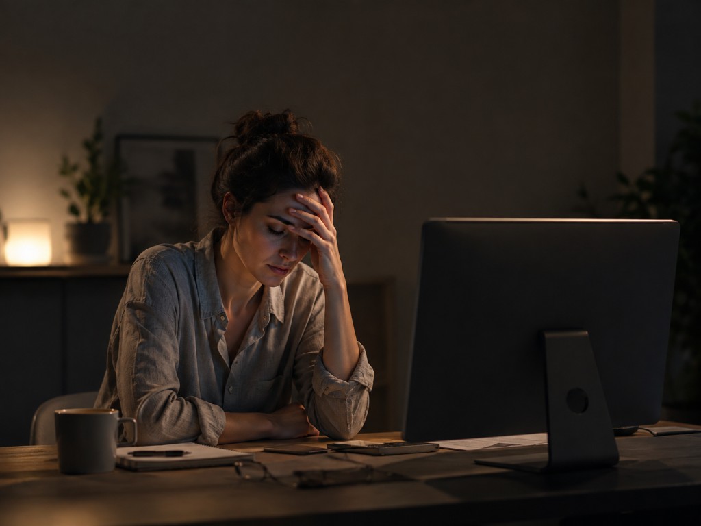 Person sitting late at night at a computer who might want a private place to talk something through