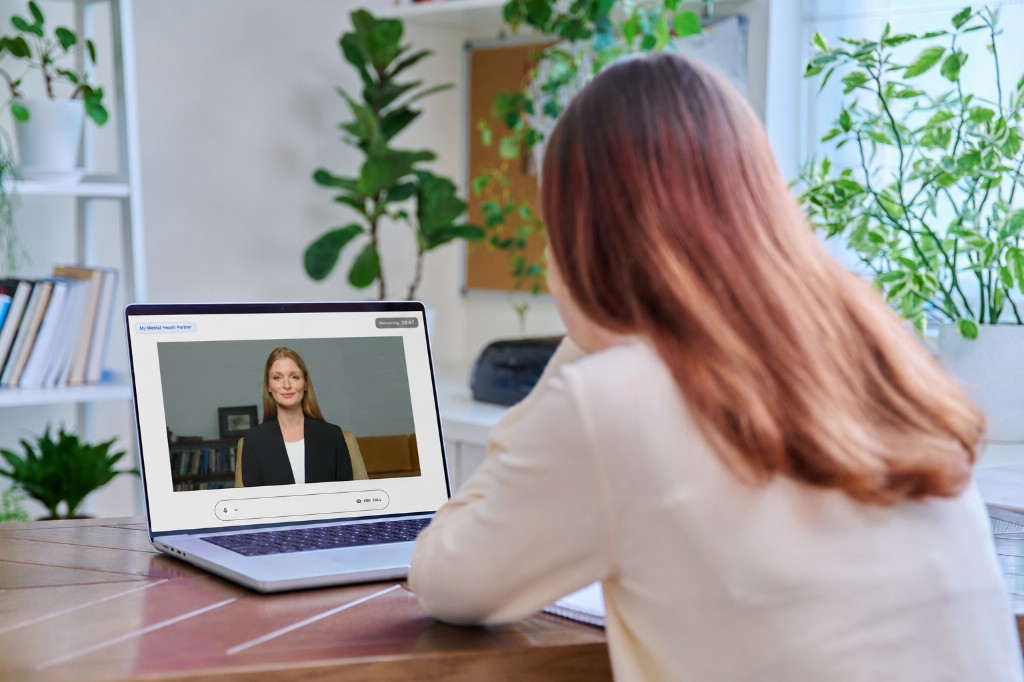 My Mental Health Partner AI video conversation interface shown on a laptop